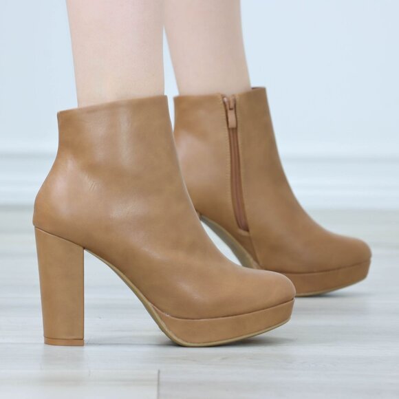 Womens Platform High Heeled Bootie Zip Up Tan Ankle Boots Block Heel - Picture 4 of 12